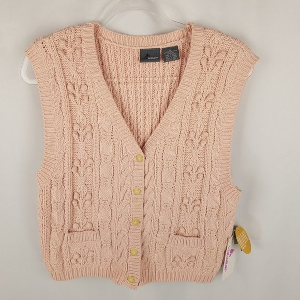 Lizwear vest ROMANTIC CLASSICS pink cottage corps‎ cableknit button front L NWT
